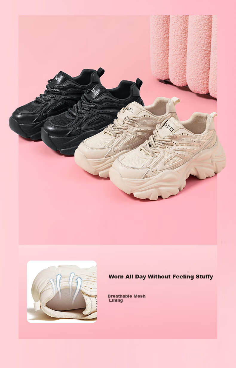 CAMEL Women's Dad Sneakers Mesh and Leather Patchwork Double Lace Thick Sole Casual Shoes L24S283079 Black Size 35 16