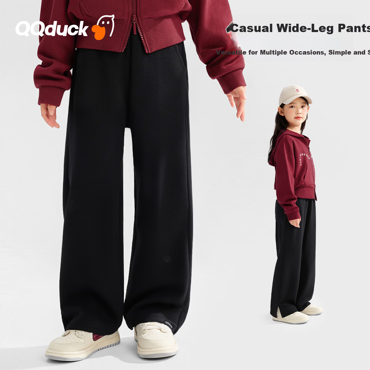 QQ DUCK Kids Girls Wide Leg Pants Casual Trousers Black Size 140
