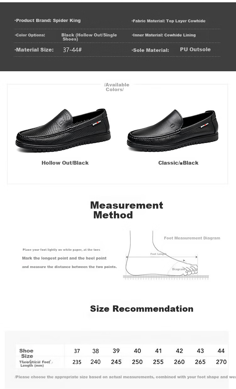 SPIDER KING Casual Shoes, Summer Hollow-Out Loafers, Slip-On Lightweight Comfortable Leather Shoes for Men, Hollow-Out Summer Style, Size 42 3