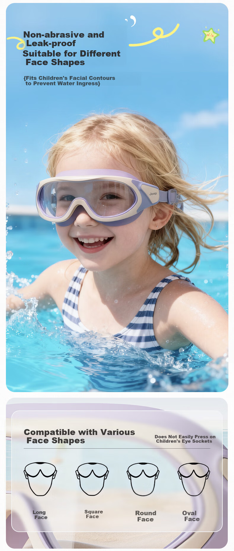 JEEP Kids Swimming Goggles Large Frame HD Anti-Fog Waterproof Boys Diving Goggles Girls Swimming Glasses Deep Sea Blue Plano 5
