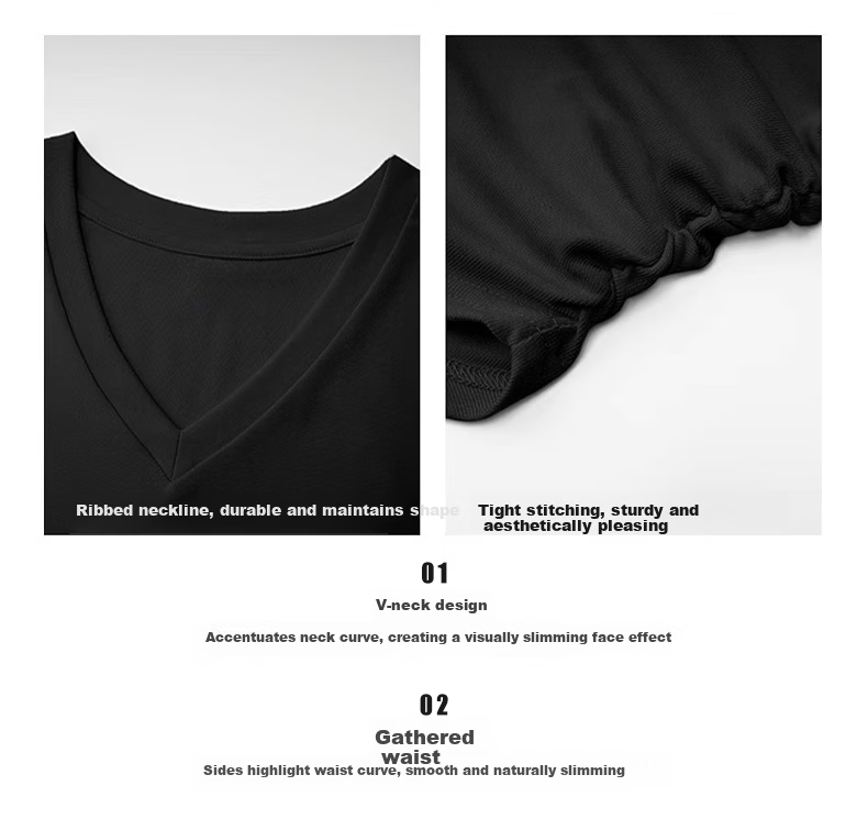 Woodpecker Women's V-Neck Short Sleeve T-Shirt 2025 New Spring Summer Slim Fit Waist Drawstring Casual Niche Top Black S 3