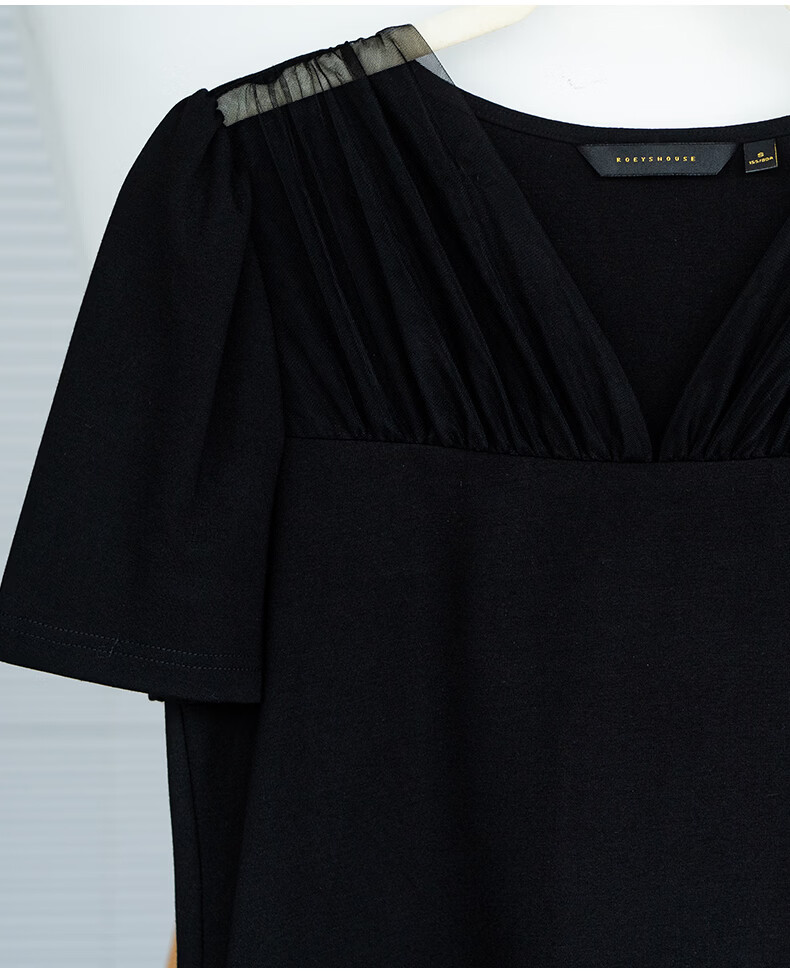 ROEYSHOUSE Mesh Splice Short Sleeve T-Shirt Women Summer Puff Sleeve Slim Top 13737 Black M 16