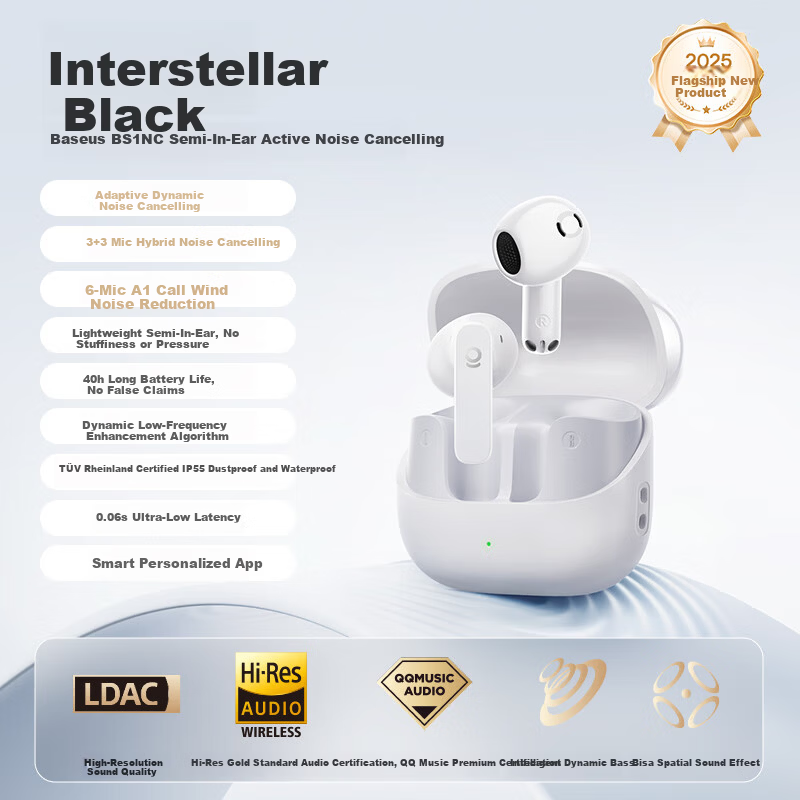 Baseus BS1NC Semi-In-Ear Active Noise Cancelling AI Bluetooth Earphones Wireless 40H Long Battery Life Comfortable Earbuds for Apple Huawei Vivo Phones Gift