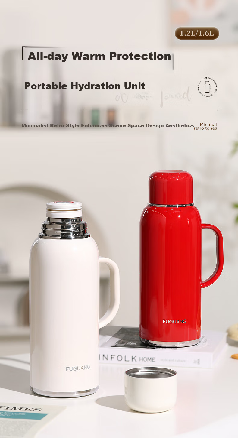 Fuguang Large Capacity Insulated Thermos Flask Stainless Steel Vacuum Water Bottle Portable Outdoor Hot Water Bottle 1200ML 1