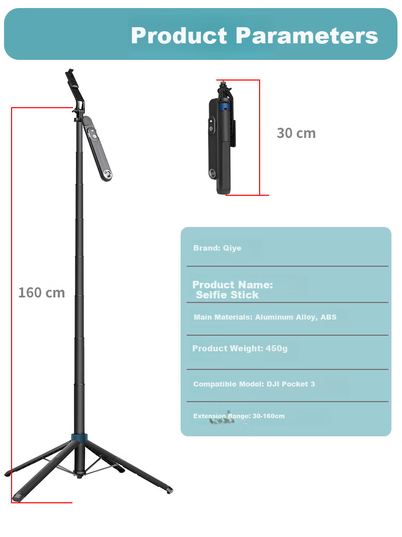 Qiye Extension Pole Selfie Stick Live Streaming Pole for DJI Pocket 3 And Pocket 4 Camera Accessories Tripod Stand Fill Light Phone Clamp 1.6 Meters 10