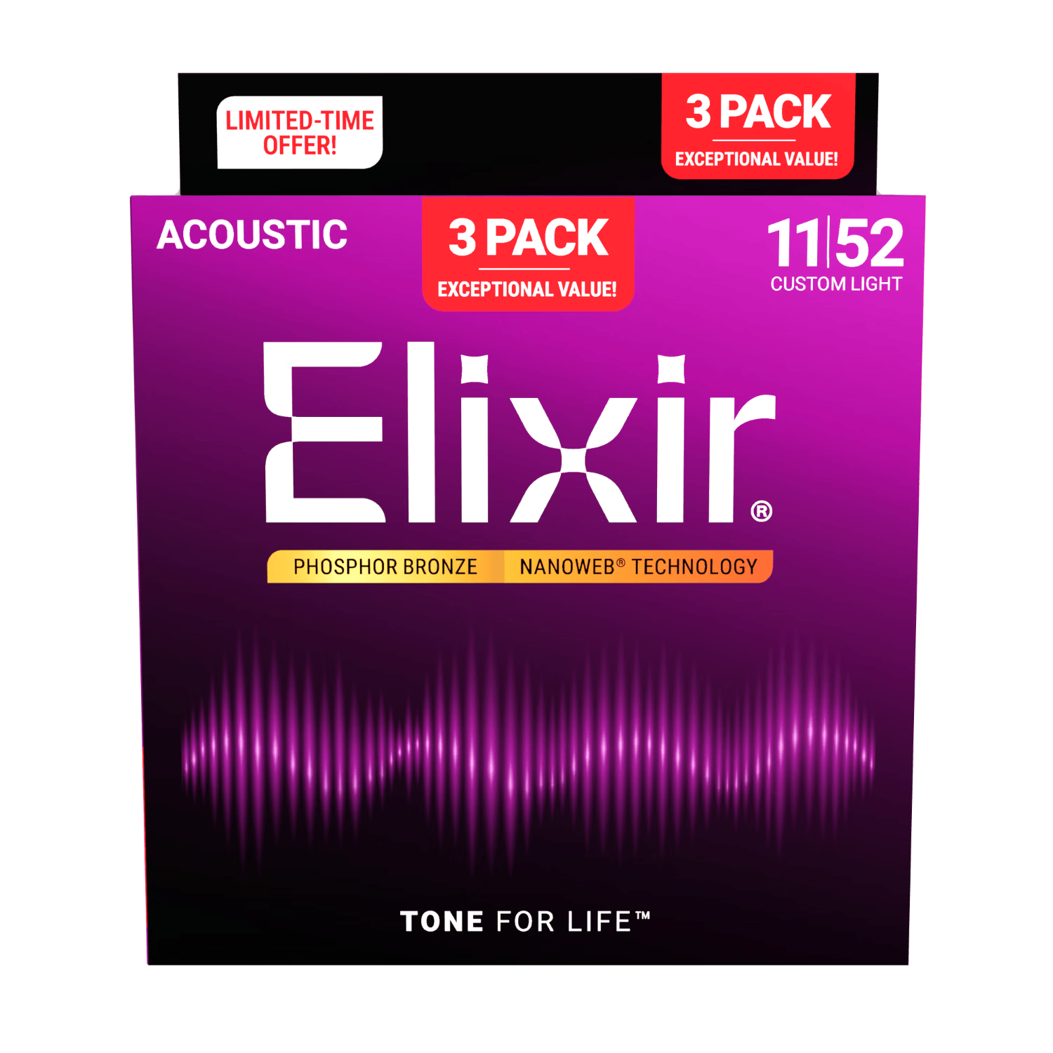 Elixir Acoustic Guitar Strings 16569 (Set of 3 16052), Phosphor Bronze Ultra-Thin Coated (12-53) 6 Strings