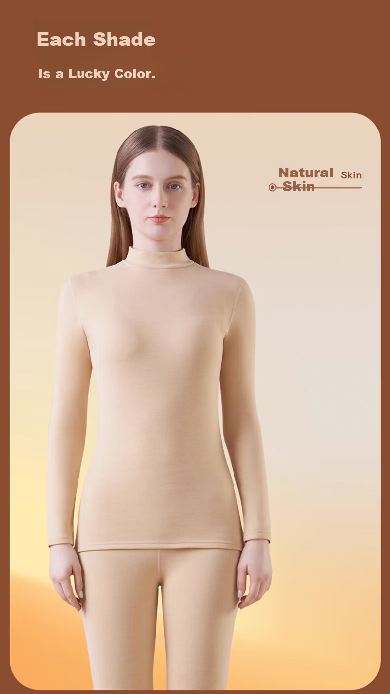 LangSha Mid-Neck Wool and Silk Thermal Underwear for Women 26 Autumn Winter New 7A Antibacterial Fleece-Lined Heating Top and Bottom Set 12