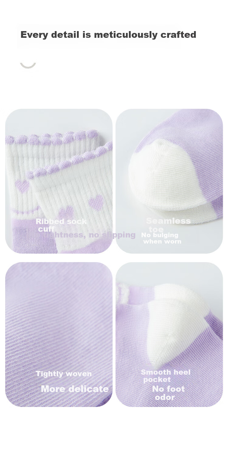 DEESHA 7A Antibacterial Girls' Socks, 5 Pairs, Seamless, Comfortable, Breathable, Anti-Pilling Cotton Socks for Kids, All-Season 10