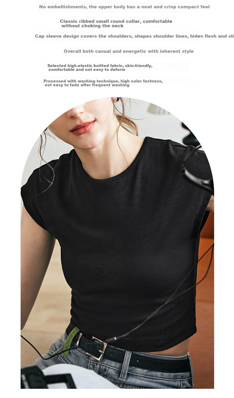 Olrain Cool Small Cap Sleeve Slim Fit Short Sleeve T-Shirt Summer Women's Short Top High Elastic Inner Wear Black S 3