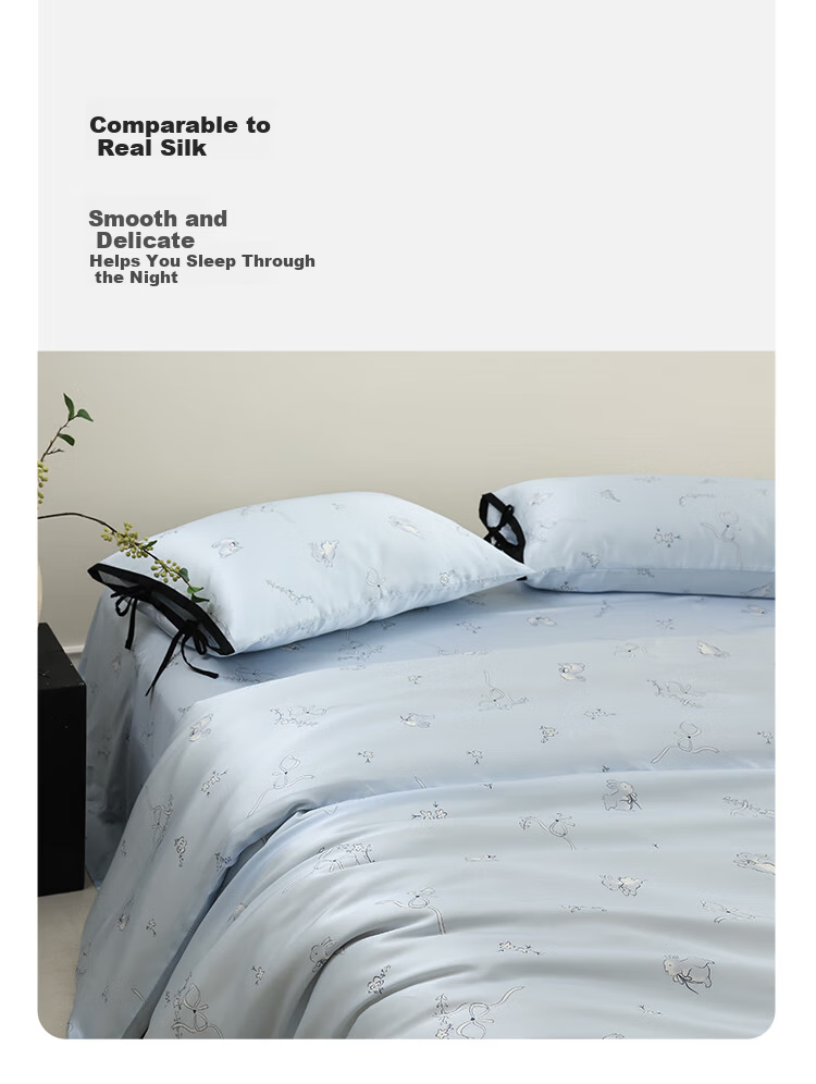 Inward Journey 60s Lenzing Tencel Four-Piece Summer Bedding Set Cooling Bed Sheet with Butterfly Bow Rabbit Design for 1.2m Bed 3
