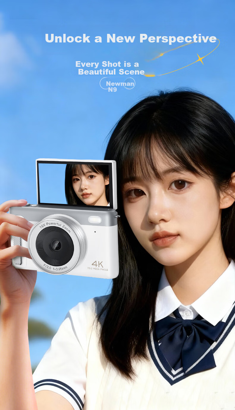 Newsmy N9 Mirrorless Camera with Flip Screen, Selfie, WiFi Image Transfer, High Resolution, Campus Photography, Travel, Beauty Filters, Gift for Women, Digital Camera for Students, 128GB, White + Wide 2