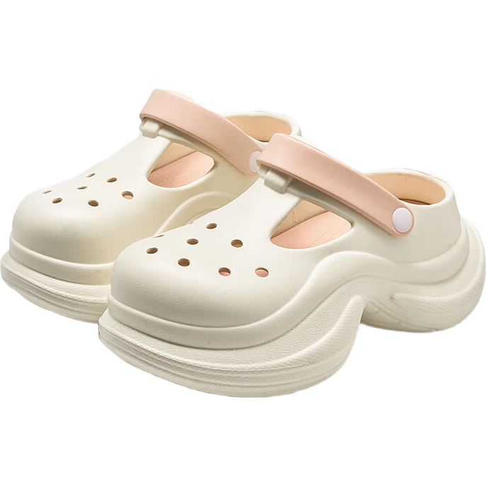 GUOLUOFEI Platform Thick-Soled Slender-Waist Perforated Shoes for Women, Outdoor Wear, Non-Slip, Beach Fashion EVA Closed-Toe Sandals, White And Black, Size 35