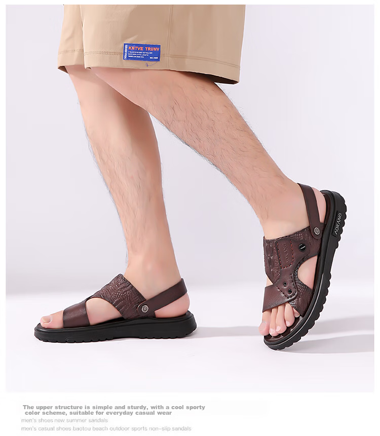 Aokang Men's Leather Beach Sandals, Casual Leather Slippers, Middle-Aged And Elderly Dad Shoes, Two-Way Wear, Large Size Slippers, Brown, Size 38 14