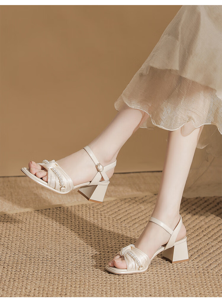 ZHR Women's Chunky Heel Sandals Summer 2026 New High Heels French Style Pearl Dress Shoes JF595 Beige Size 38 12