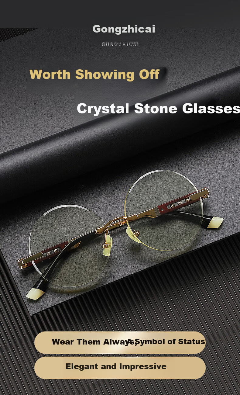 Gongzhicai Vintage Round Frame Bamboo Leaf Green Crystal Sunglasses Bright Unisex HD Stone Frameless Gentleman Glasses 3