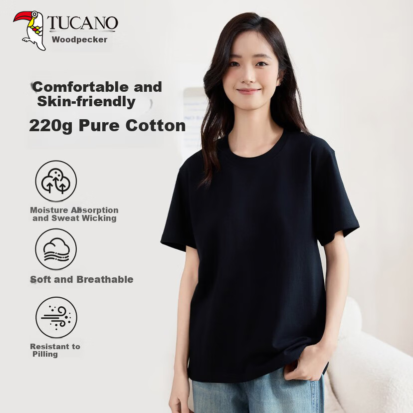 Woodpecker Women's Short Sleeve T-Shirt 2025 New Summer Round Neck Loose Fit Solid Cotton Casual Half Sleeve Top Black S