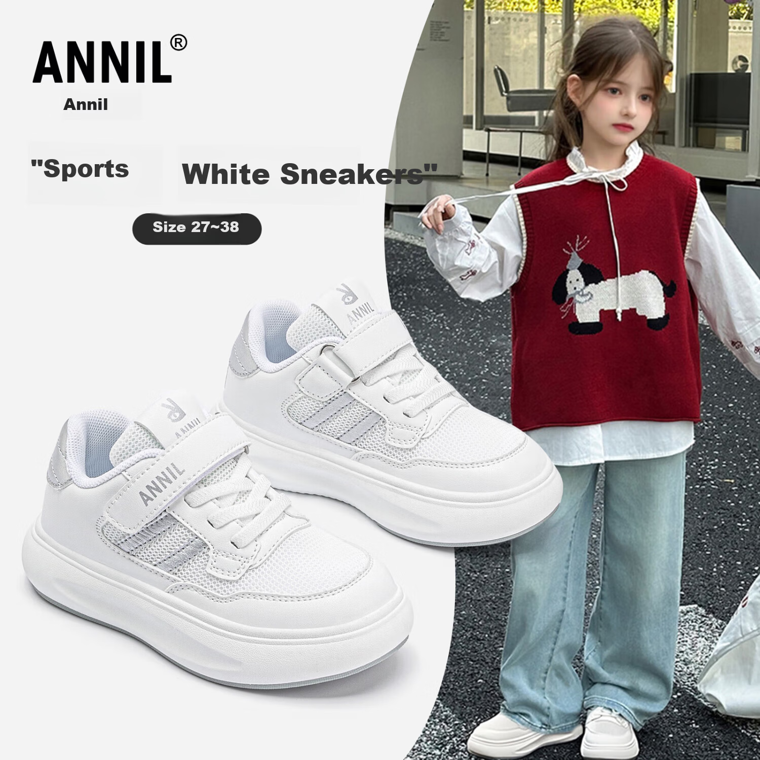 ANNIL Girls White Sneakers Sports Shoes New Spring Breathable Mesh Children's White Casual Skate Shoes 4211 White Size 28