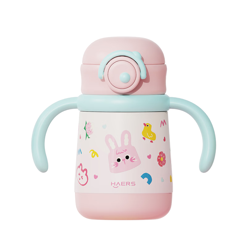 HAERS Baby Insulated Bottle 316L Cute Natural Floral Rabbit Pink Straw Training Cup Gravity Ball Anti-Choke Children's Water Cup