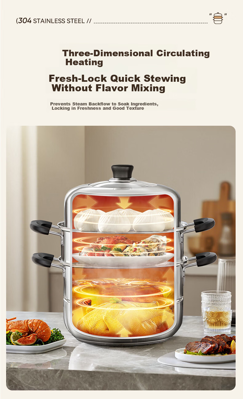 Royalstar 304 Stainless Steel Steamer Pot Soup Cooker High Capacity Three-Layer 28cm Compatible with Gas and Induction Cookers 11