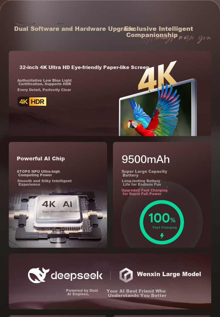 Xiaodu Tiantian Bestie Pro4K Max Edition (8+256GB) Tablet TV Speaker Monitor with DeepSeek Access, Streaming, Fitness, AI Training Gift 3