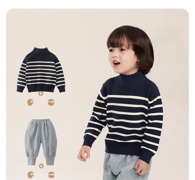 Ciciibear Boys' Sweater Autumn Winter Thickened Half Turtleneck Baby Striped Knitwear Children's Clothing 11