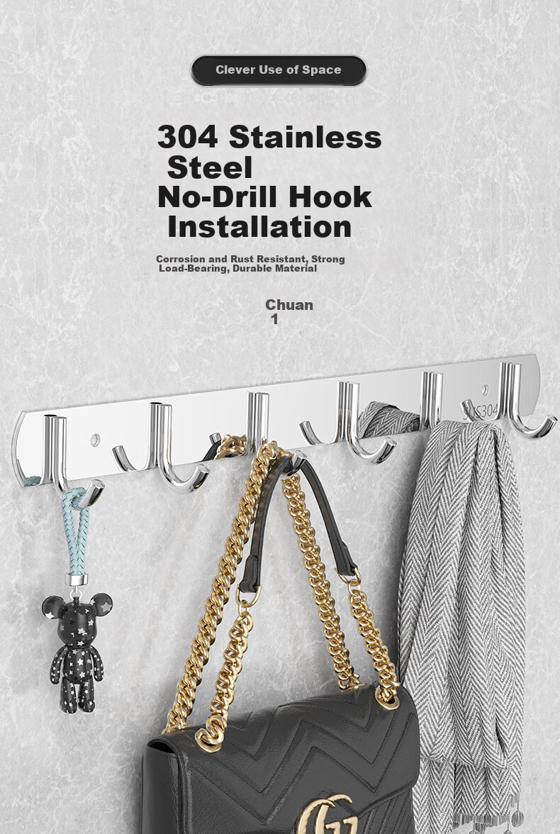 Baizi 304 Stainless Steel Wall-Mounted Clothes Hooks, No-Drill Thickened Bathroom Door Storage Rack, 8 Hooks Adhesive Hooks 1