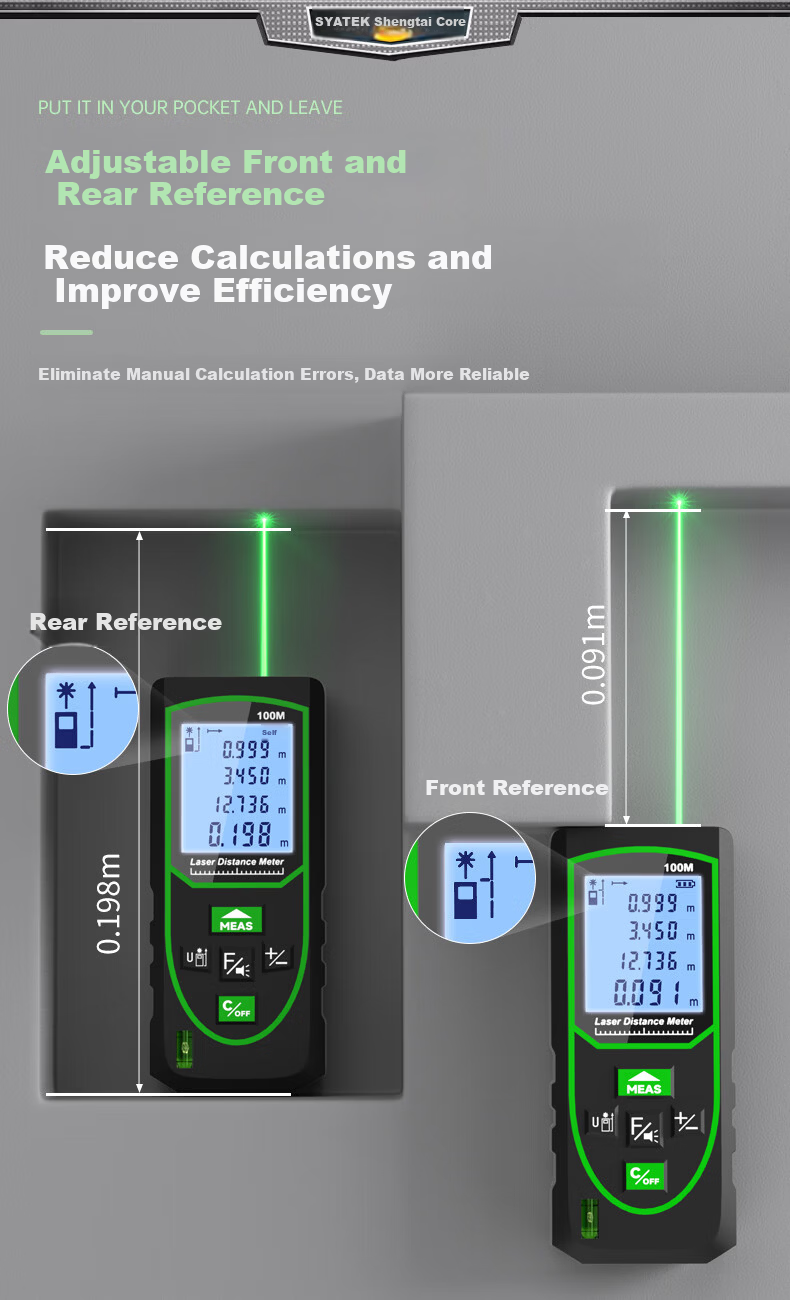 SYNTEK Laser Distance Meter High-Precision Green Light Outdoor Measuring Device Smart Handheld with Lithium Battery 70m 12