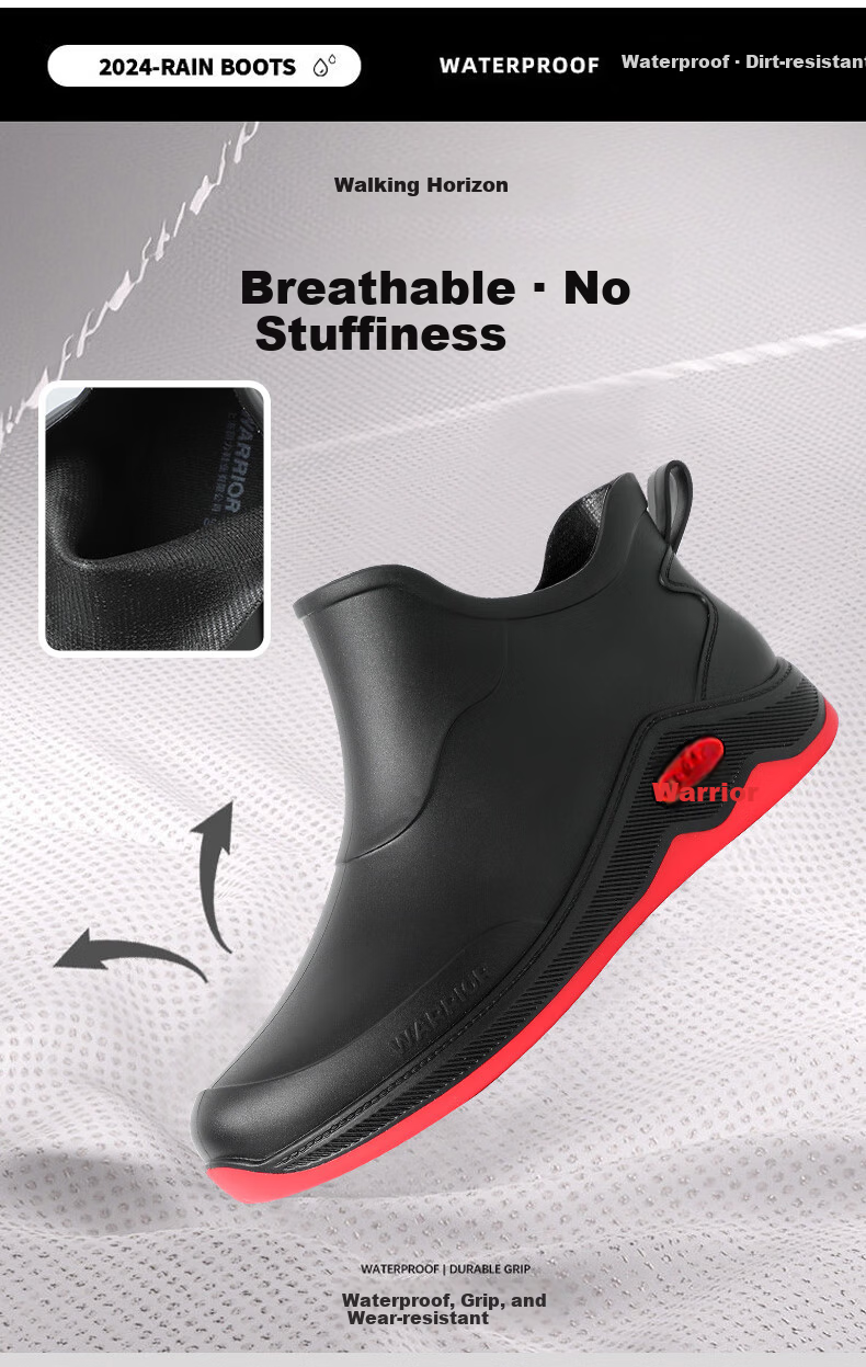 Warrior Men's Short Rain Boots Low-Cut Waterproof Non-Slip Fishing Chef Shoes HXL3599 Black Size 40 2
