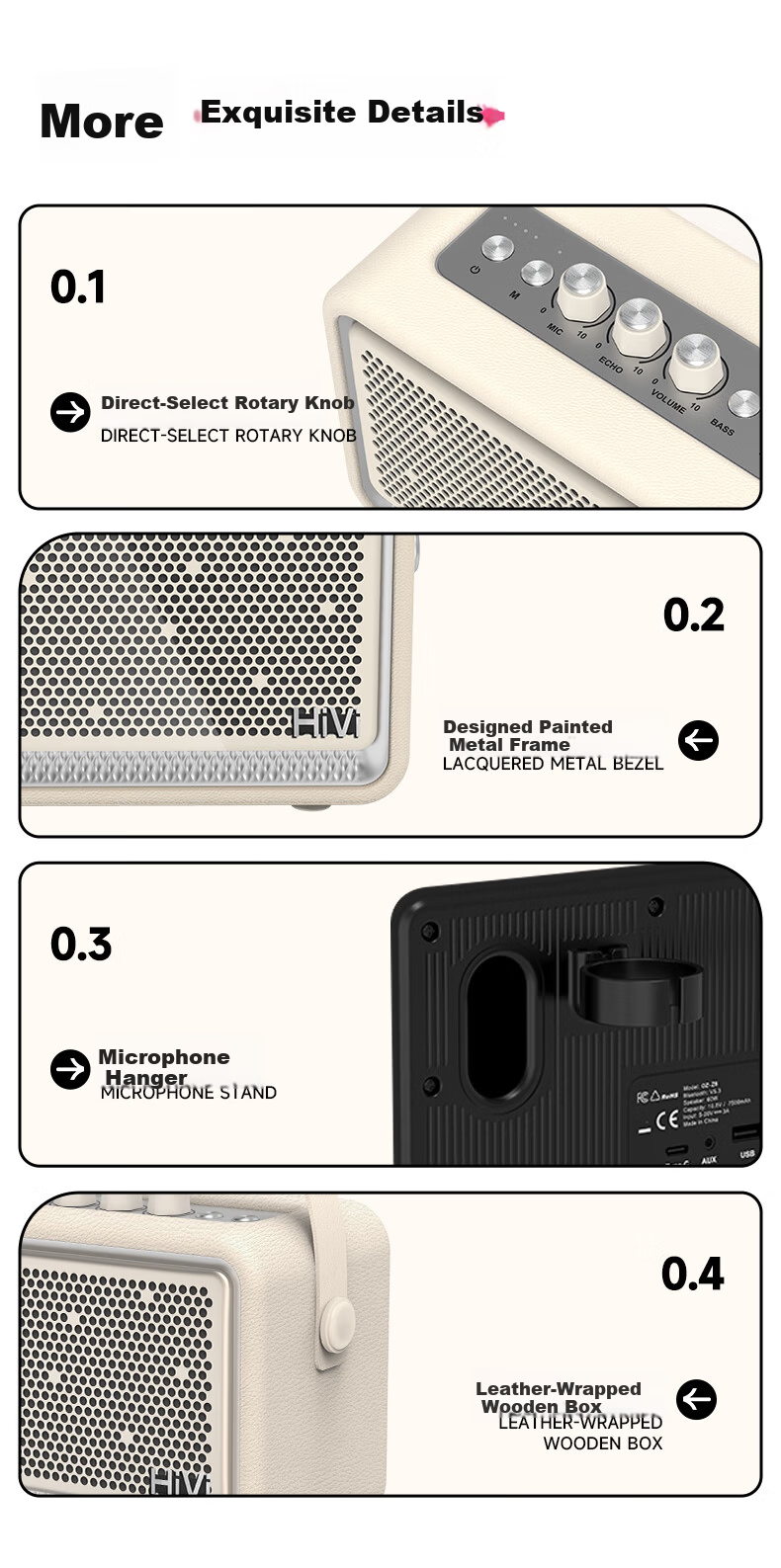 HiVi High-Quality Retro Bluetooth Portable Speaker Desktop Audio Outdoor Home Indoor Karaoke Microphone All-in-One TQ53 White Birthday Gift for Friends 10