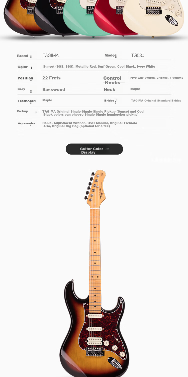 Tagima Electric Guitar TG530-WV Vintage Off-White Beginner Student Guitar Set 5