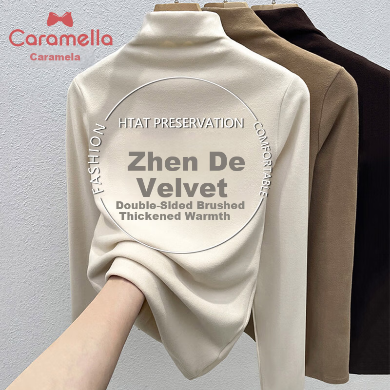Caramella Thickened Double-Sided Fleece Women's Thermal Underwear Fleece Lined Thickened Brushed Fabric Base Layer Top Half Turtleneck Shirt for Women