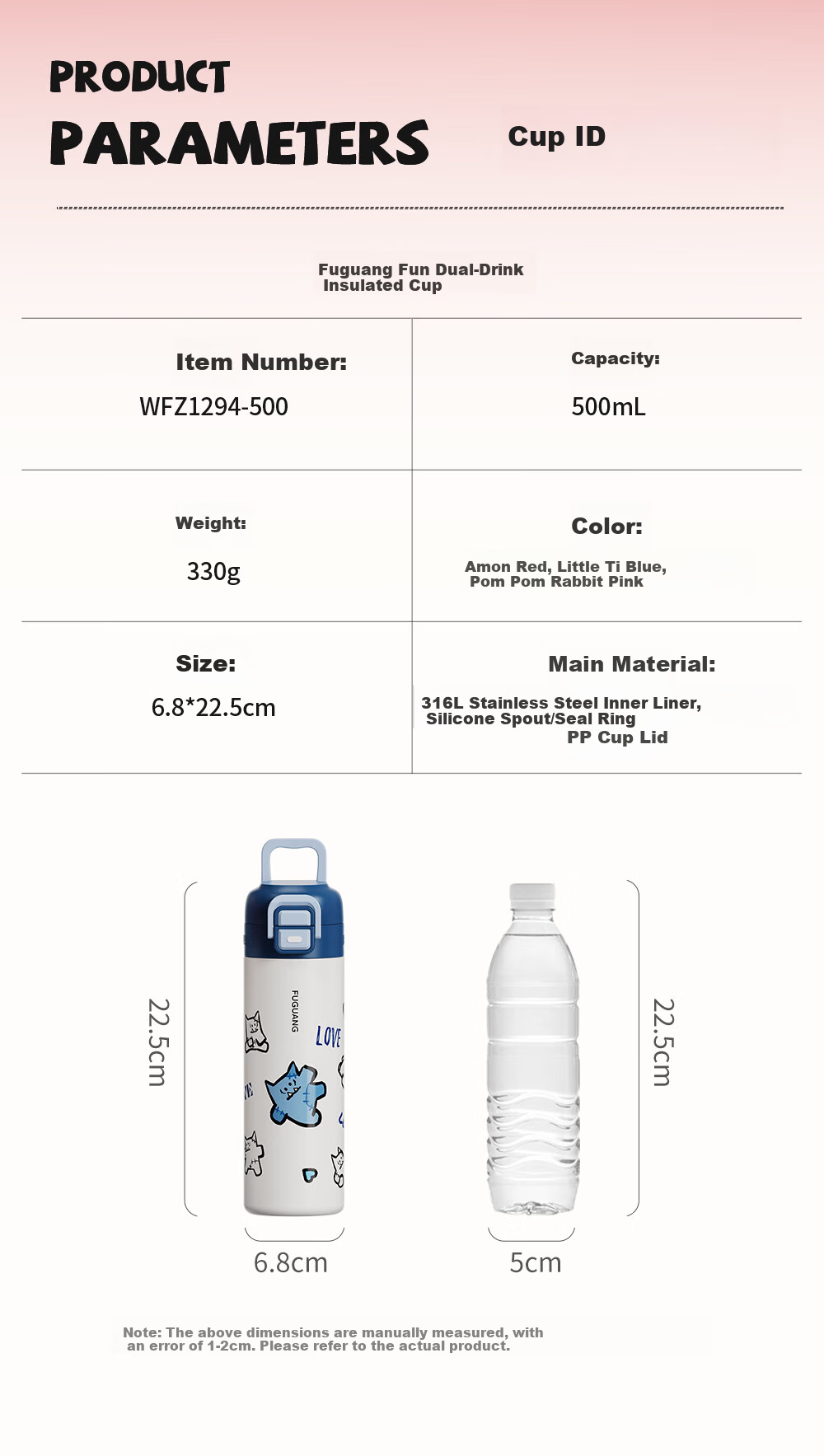 FGA Fuguang Children's Insulated Water Bottle, 316L Double-Drinking Design, for Elementary School Students, Back-To Portable Large Capacity, Red, 500ml 14