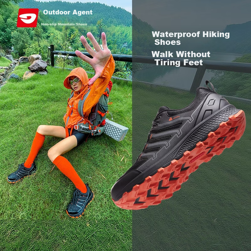 Outdoor Agent Waterproof Non-Slip Shock Absorption High Grip Hiking Mountaineering Shoes Men T52PRO Black Orange Size 35