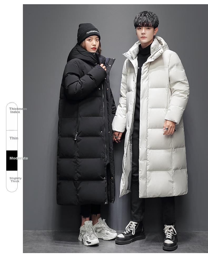 Yalu down Jacket, Unisex Winter Style, Knee-Length, Thickened, Cold-Resistant, Warm, Duck Down, Fashionable Hooded Couple's Coat 17