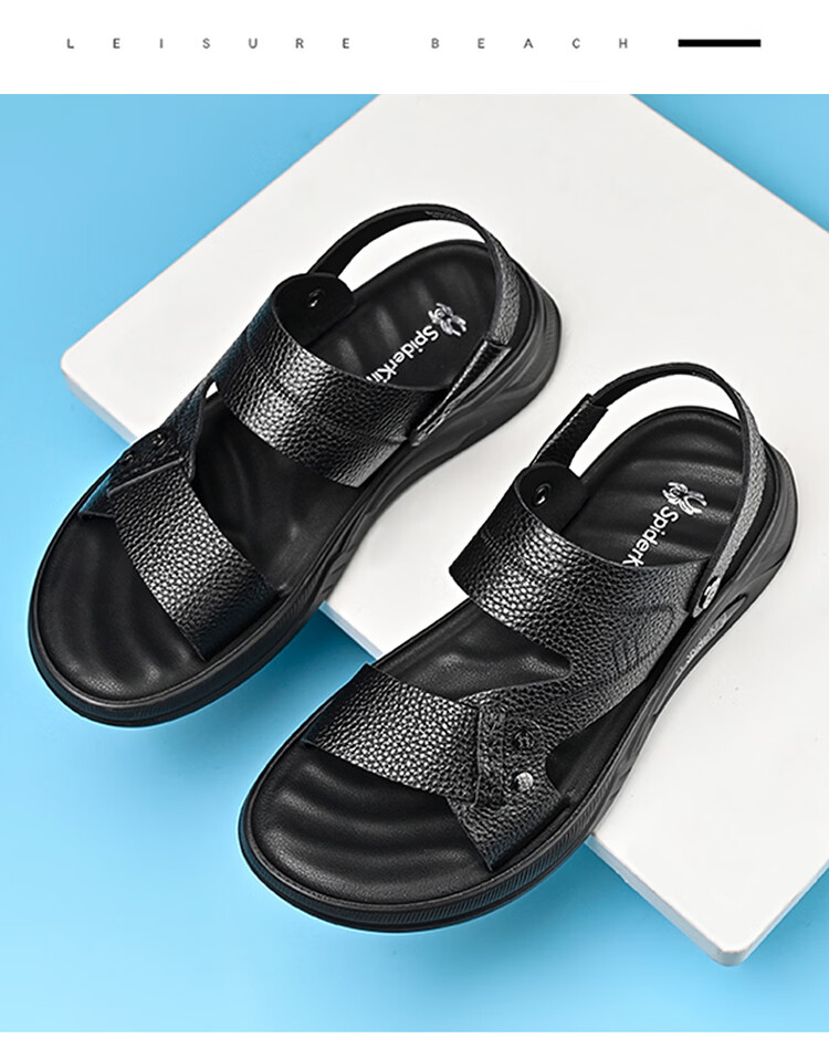 Spider King 2026 Summer New Men's Beach Sandals Genuine Leather Soft Sole Dual-Wear Slippers for Middle-aged and Elderly Dads Black Size 39 22