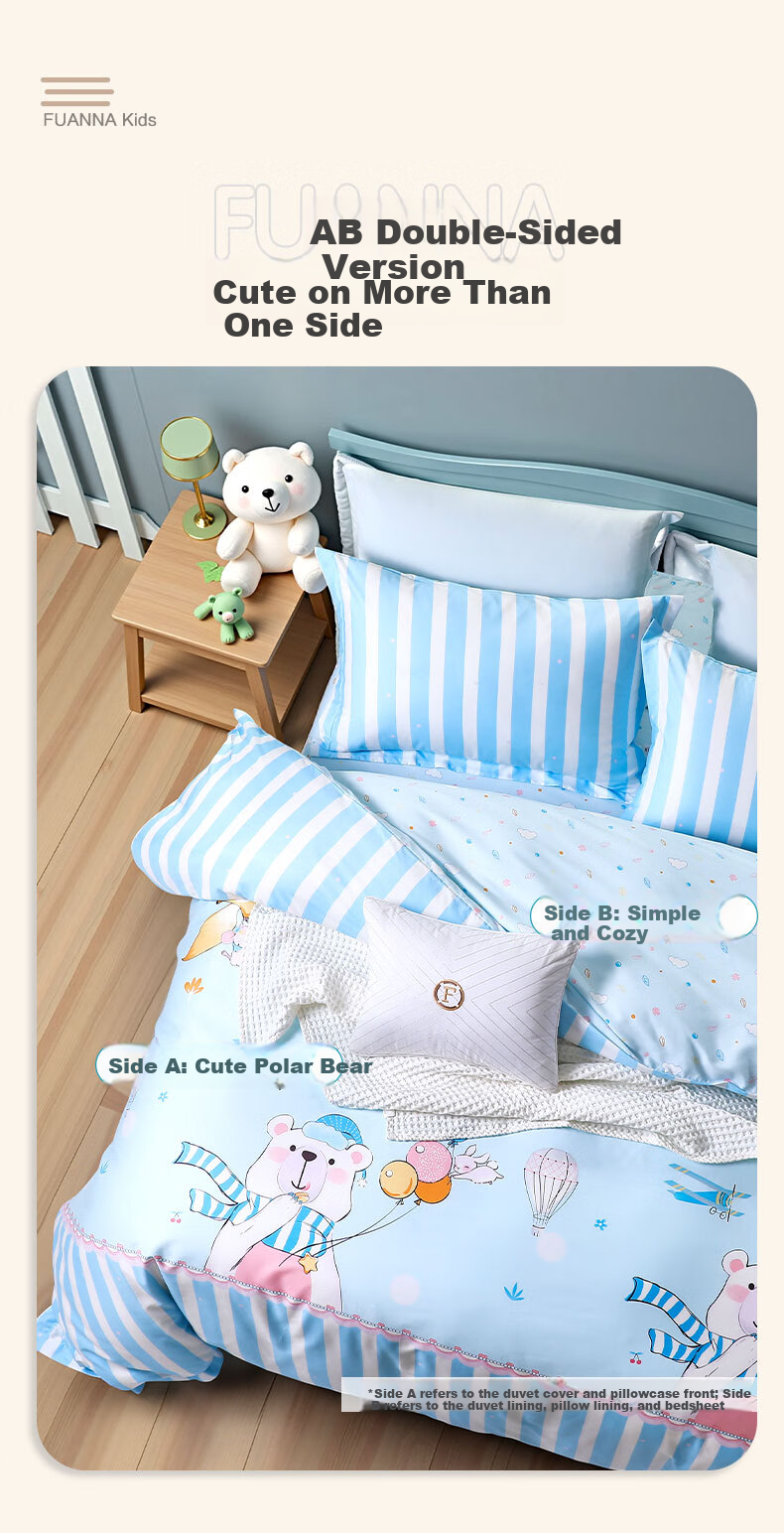 Fuanna Children Bedding Set 3-Piece A-Class 60s Pure Cotton Sheet and Quilt Cover Dormitory 1.2m Bed 152x210cm 7