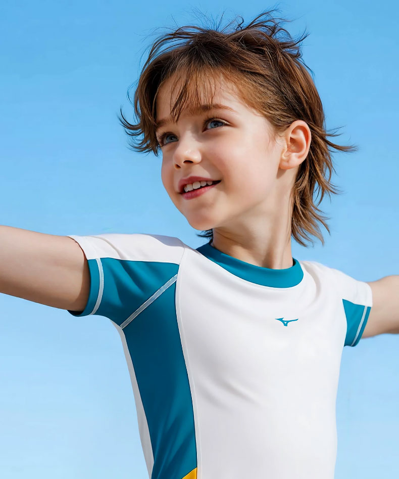 MIZUNO Kids Boys Two-Piece Swimwear Short Sleeve Quick-Dry Sun Protection Surfing Hot Spring Swimsuit GB431 Off-White Blue 120 7
