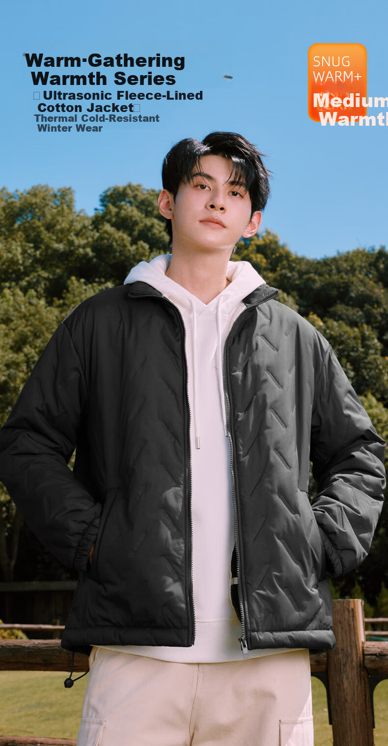Baleno Men's Winter 2025 New Thickened Fleece Lined Short Cotton Padded Jacket Outdoor Windproof Stand Collar Coat 3