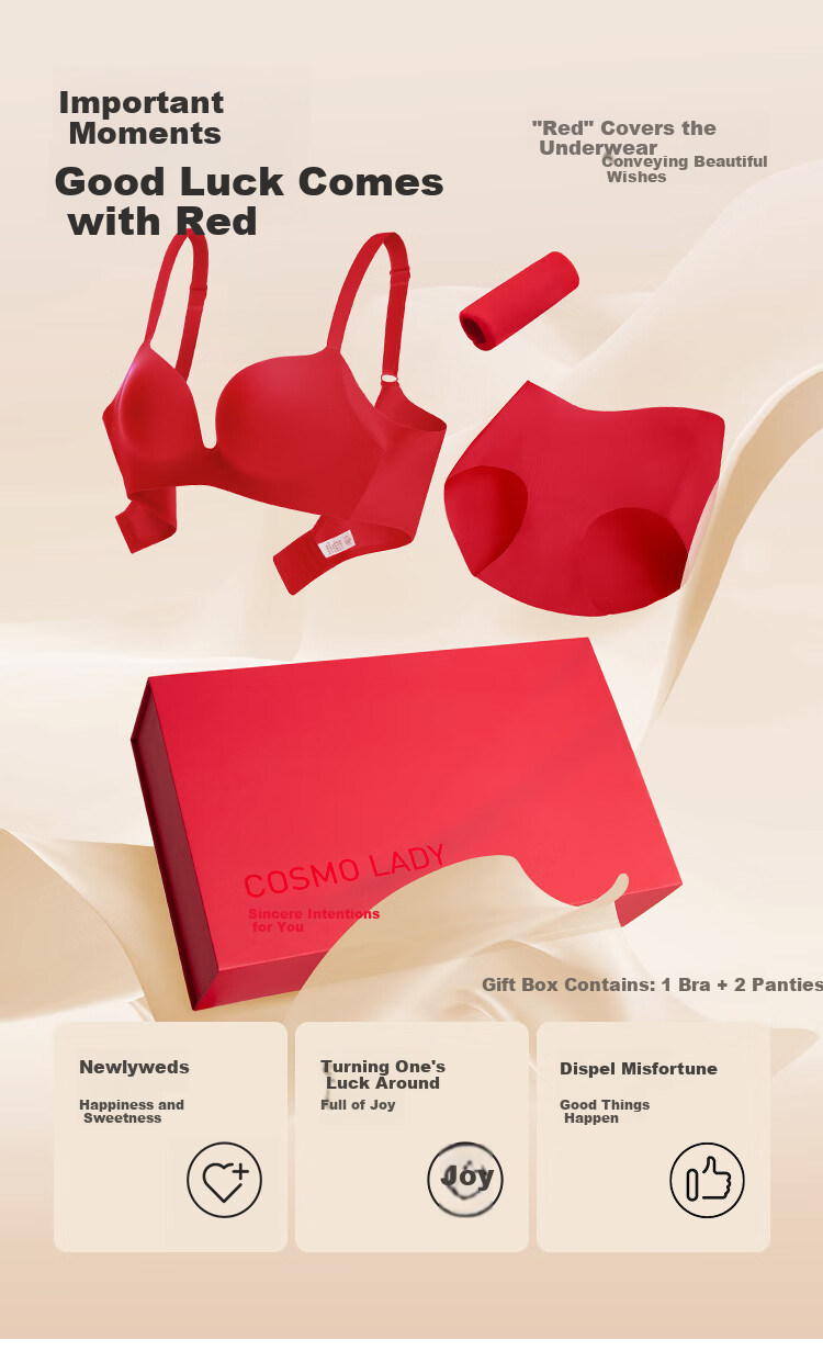 Urban Beauty Women's New Year Red Lingerie Set Seamless Wireless Push-Up Bra + 2 Panties Gift Box 2