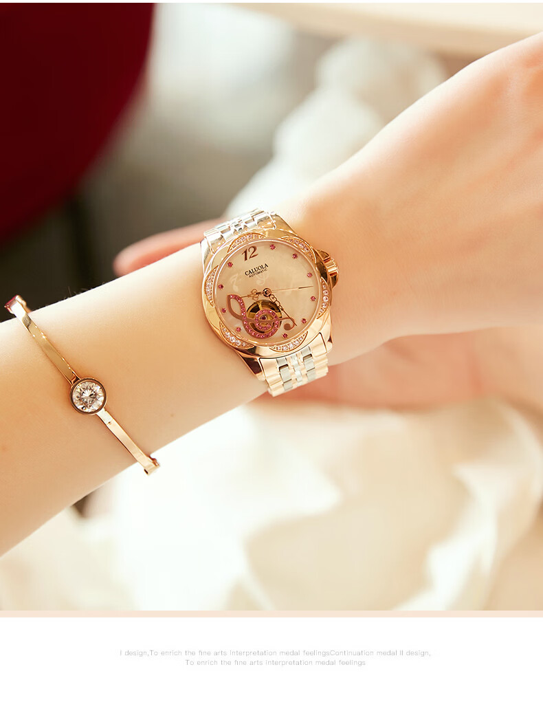 CALUOLA Carola Fully Automatic Mechanical Women's Watch Diamond-Studded Hollow Note Stainless Steel Fashion Waterproof Trendy Ladies Watch 2