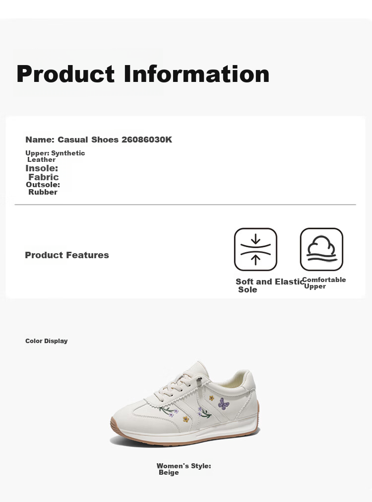 Zulijian Elderly Shoes [520 Gift for Mom], Casual Women's Shoes, Mom Shoes, Embroidered White Sneakers, 86030K Beige, Size 40 7