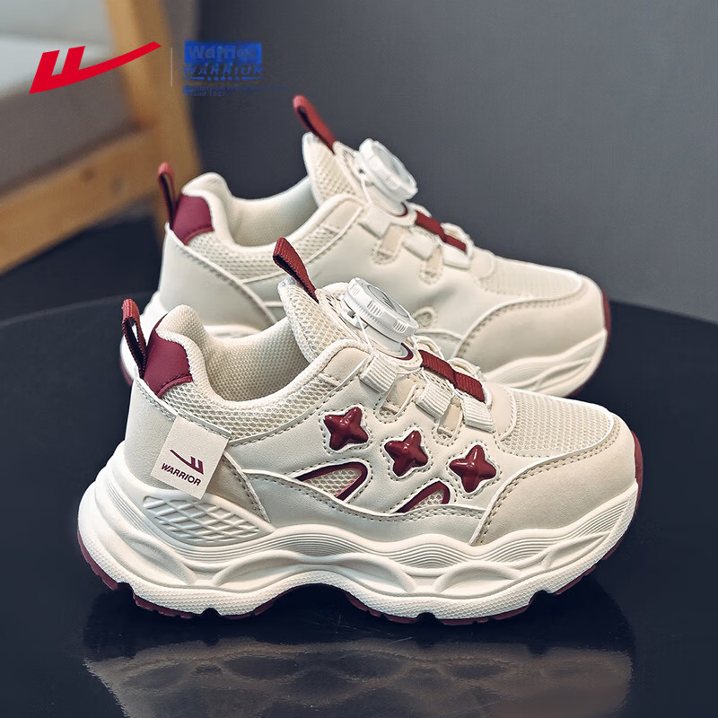 Warrior Girls' Mesh Breathable Dad Sneakers Lightweight Versatile School Casual Sports Shoes WZ-1847 Beige Wine Red Size 27