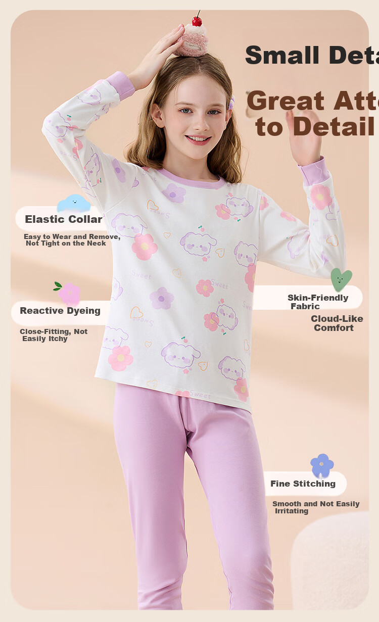 Hodo Children's Thermal Underwear Pure Cotton Girls Comfortable Soft Skin-friendly Antibacterial Mite-proof Long Sleeve Crew Neck Autumn Top and Bottom Set 14
