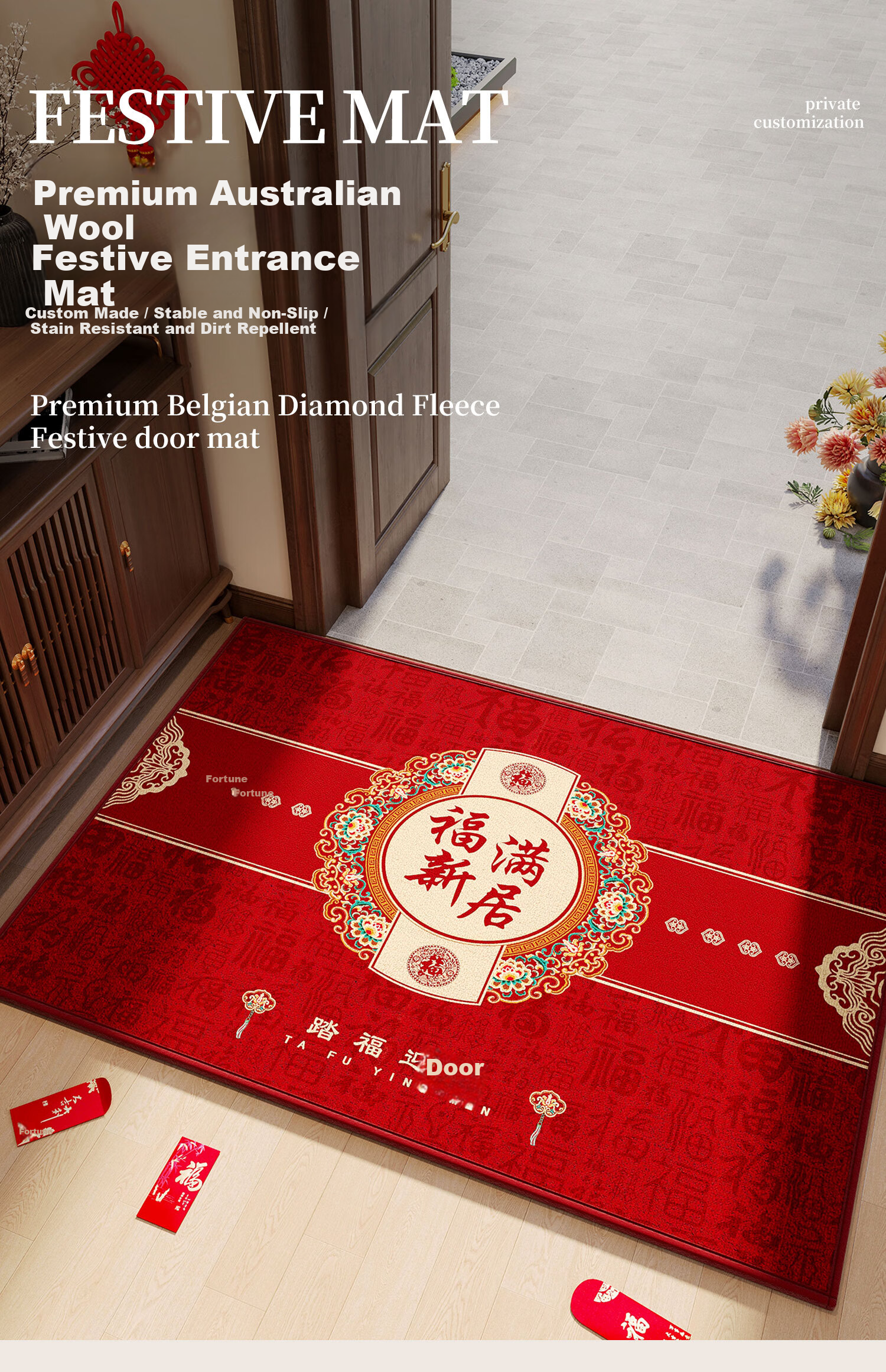 ZHUJUN New Year Red Festive Home Entrance Door Mat Non-Slip Floor Rug Welcome Doorway Mat 1