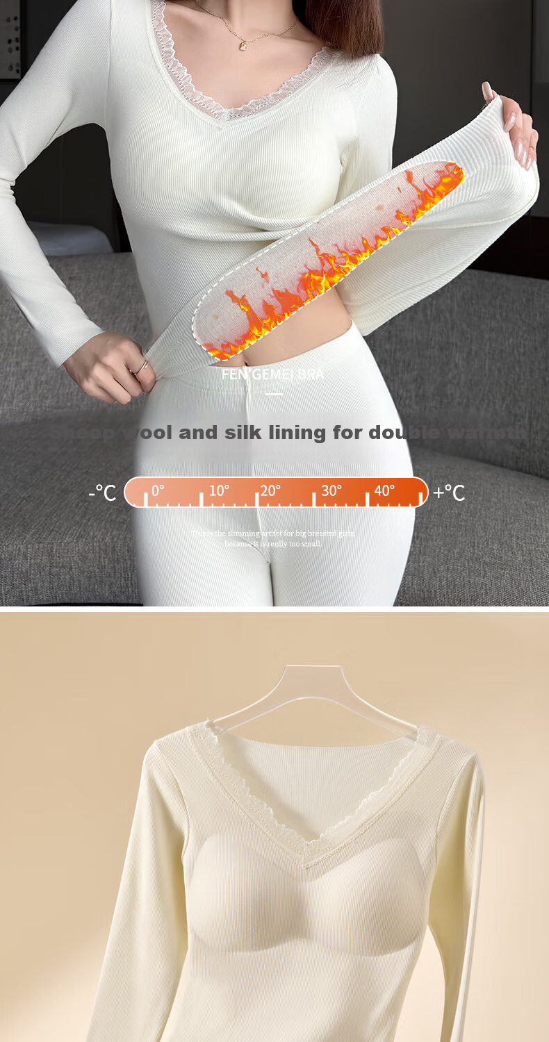 MiiOW Women's Thermal Underwear Set Cotton Slim Fit Fleece Lined Autumn Top and Bottom with Chest Pad Winter Base Layer 9