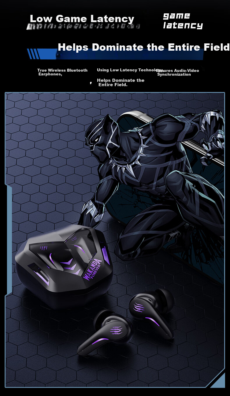 DISNEY Marvel Collaboration Bluetooth Earphones High-Value Mecha Gaming Surround Sound In-Ear Headphones Back-to-School Gift for Boys MR63 Black Panther 3