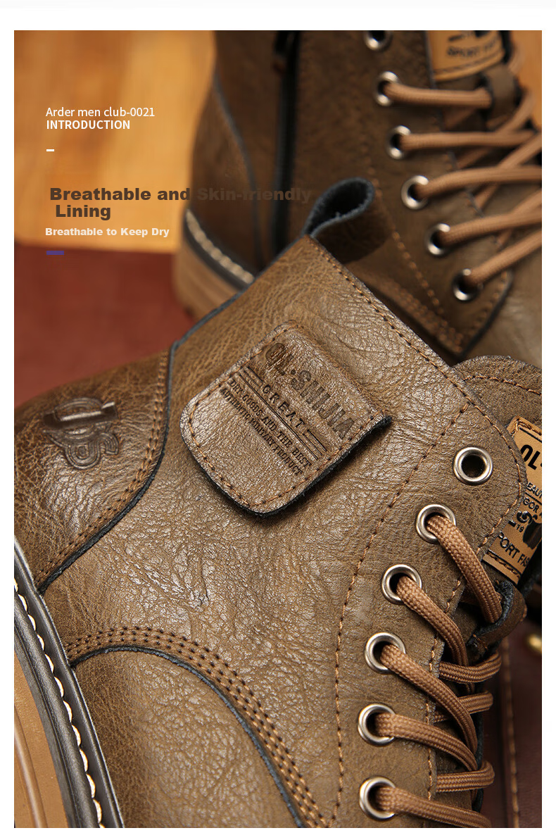 Qunlang Shijia Genuine Leather Martin Boots Men Winter Thick Sole British Retro Fashion Work Boots Fleece Lined Shoes 4