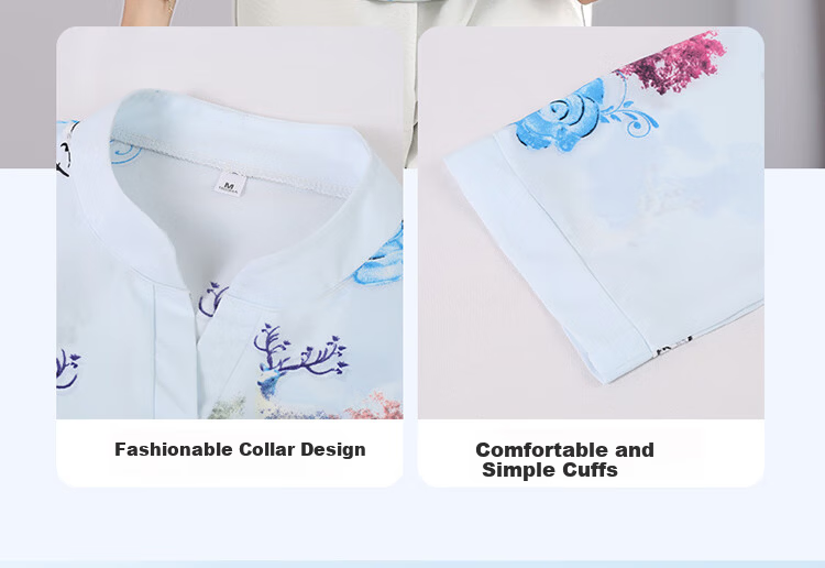 Woodpecker Women's Short Sleeve T-Shirt Casual Floral Shirt Middle-aged and Elderly Mom Loose Elegant Top Summer Blue 2XL 5