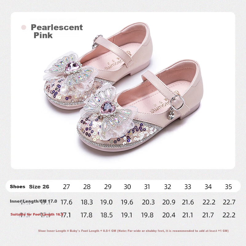 Fulomi Girls' Leather Shoes Spring Autumn New Soft Sole Sweet Crystal Princess Shoes Children's Performance Shoes Pearl Pink Size 29