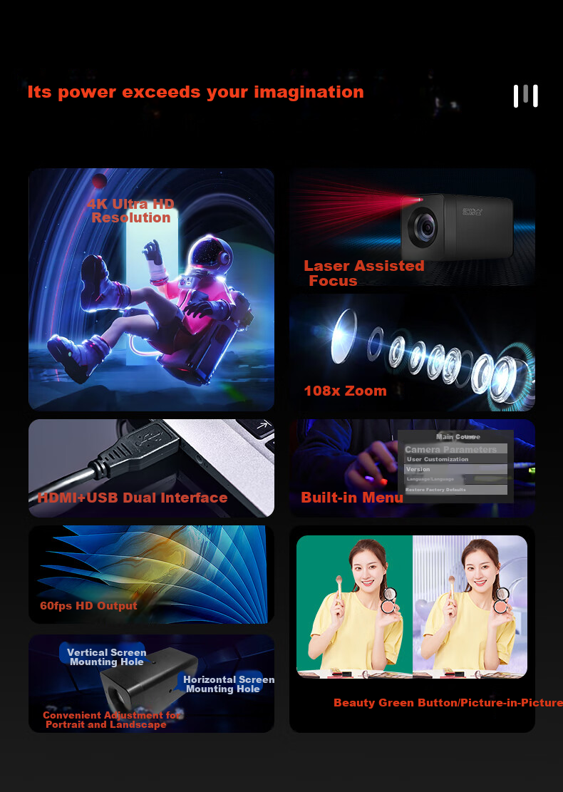 Huibo T100 DSLR-Level Live Streaming Camera 4K Ultra HD Camcorder Laser Focus 18x Zoom Remote Control Green Screen Vertical Screen Outdoor Teaching Conference TikTok Live Streaming Video Equipment 2